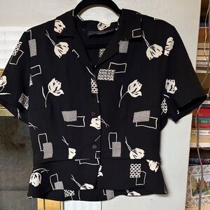 Black and White Floral Button-Up Blouse